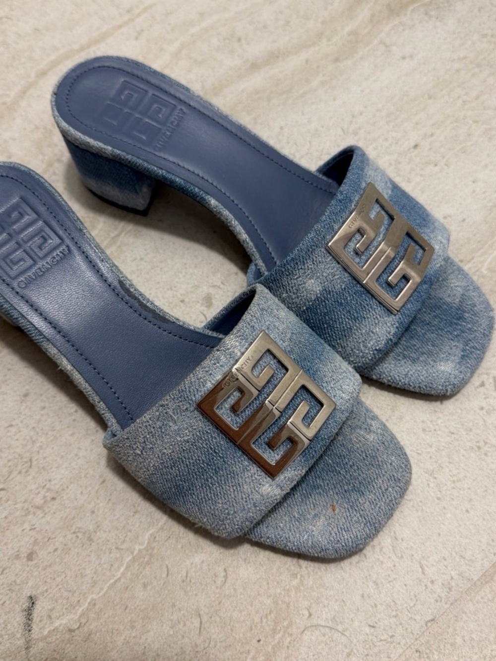 Givenchy Light Blue Denim Logo Slide Mules